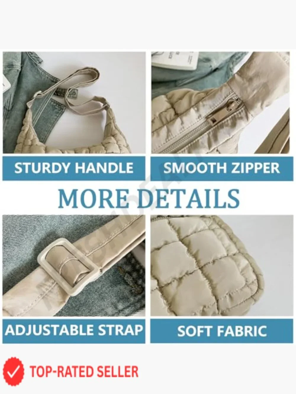 Lightweight Quilted Puffy Crossbody Hobo Bag with Zippered Pockets